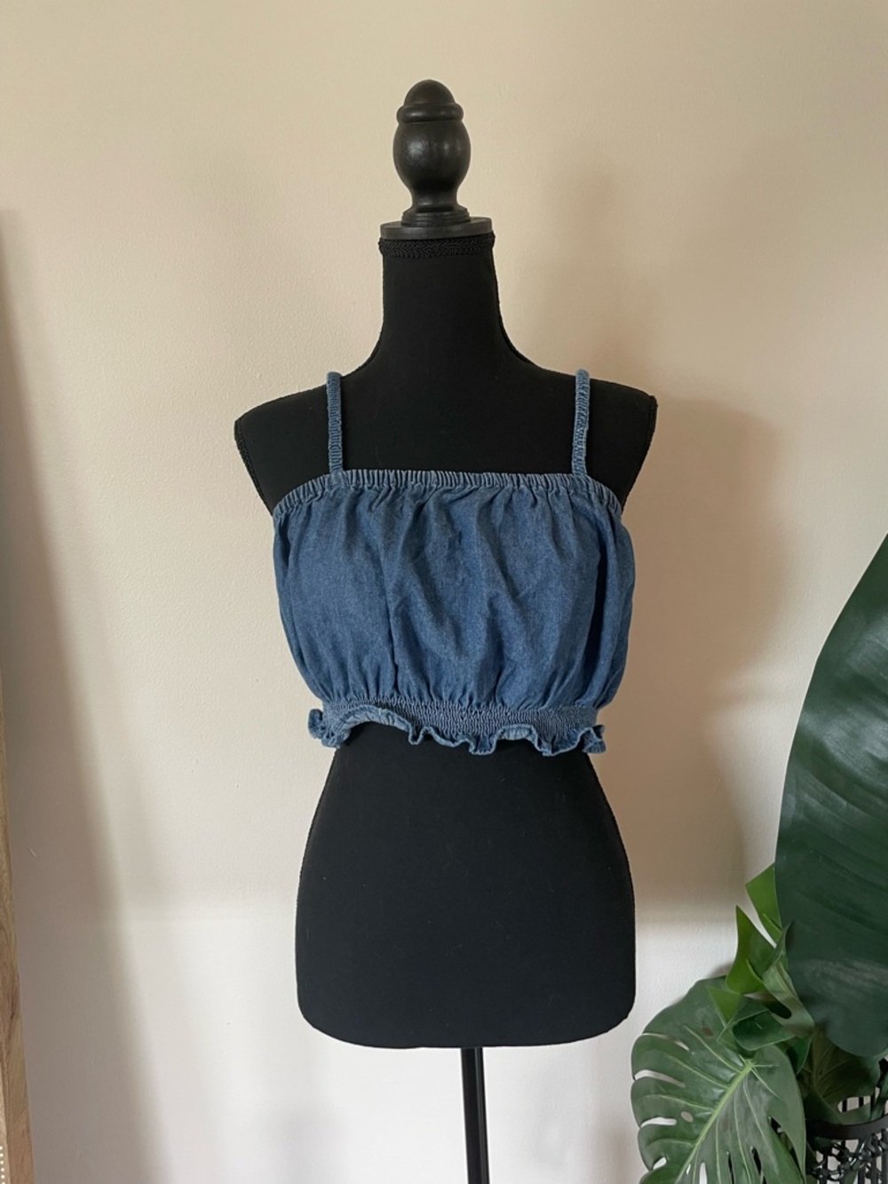 American Eagle Outfitters Denim-Blue Smocked Crop Tank